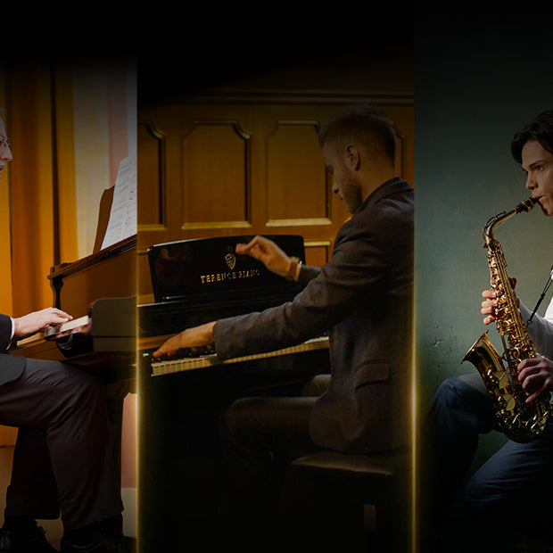 A three-in-one composite image featuring a pianist playing the Terence V70 digital piano, showcasing the instrument from multiple angles to highlight its full-sized 88-key keyboard and professional performance setting.