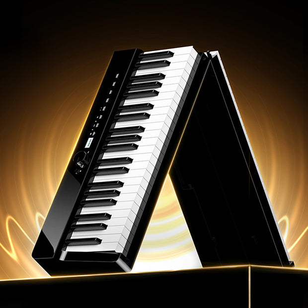 Close-up of the Terence V70 foldable digital piano in its compact folded state, showcasing the sleek black exterior and the portable design of this 88-key instrument.
