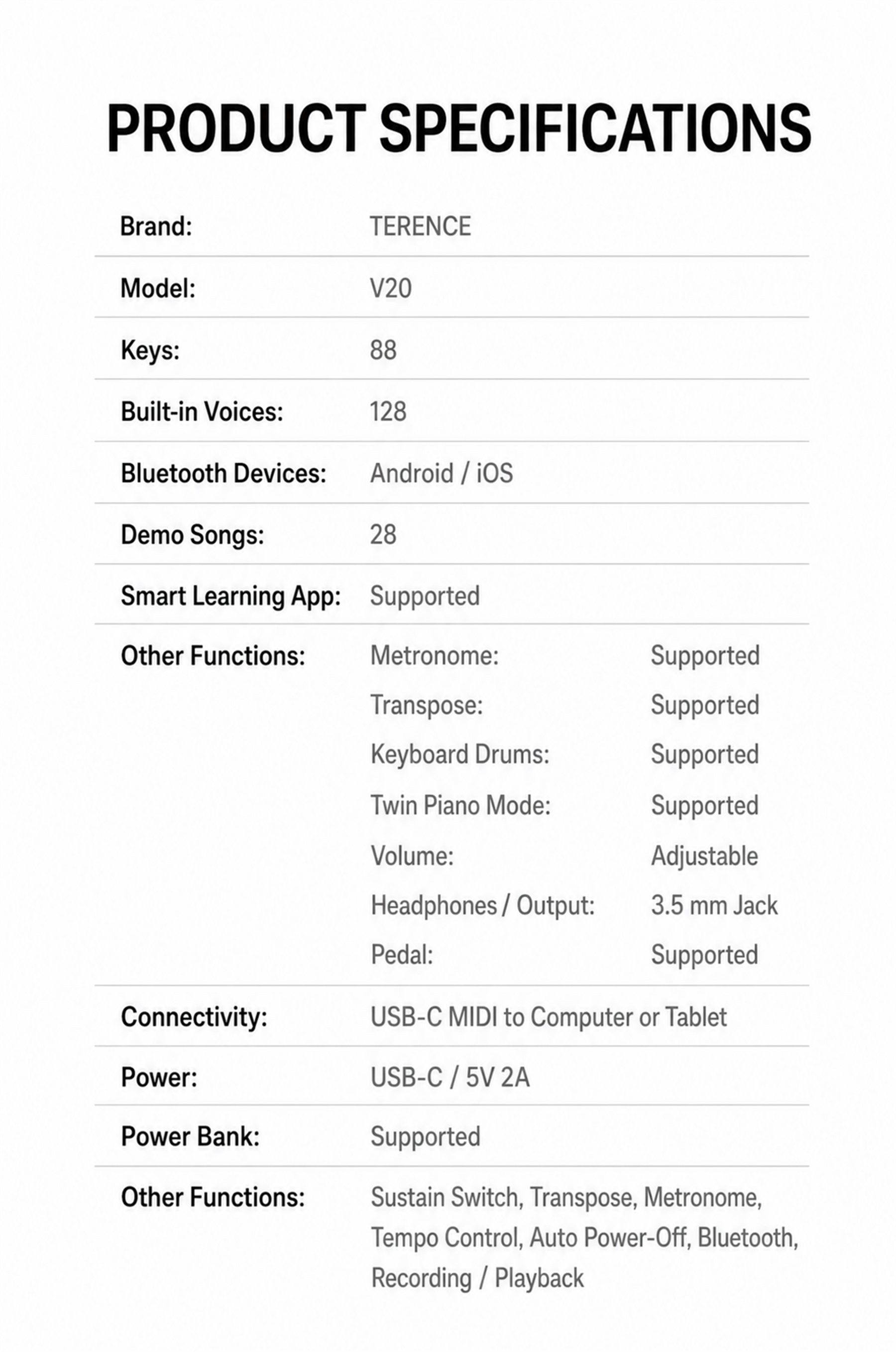 Terence V20 Foldable Digital Piano