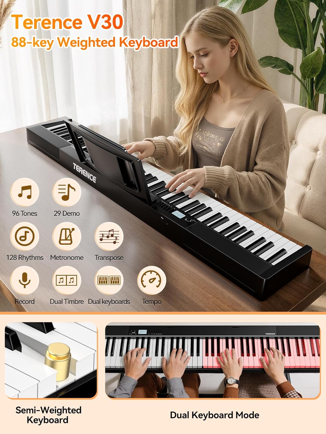 Terence V30 Pro Foldable 88-Key Digital Piano with Fully Weighted Keys