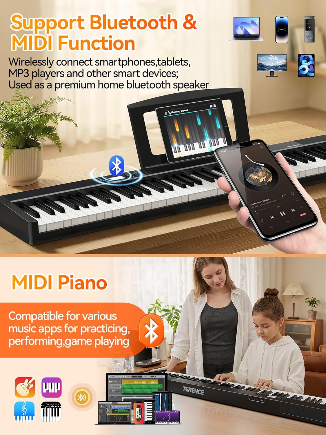 Terence V30 Pro Foldable 88-Key Digital Piano with Fully Weighted Keys