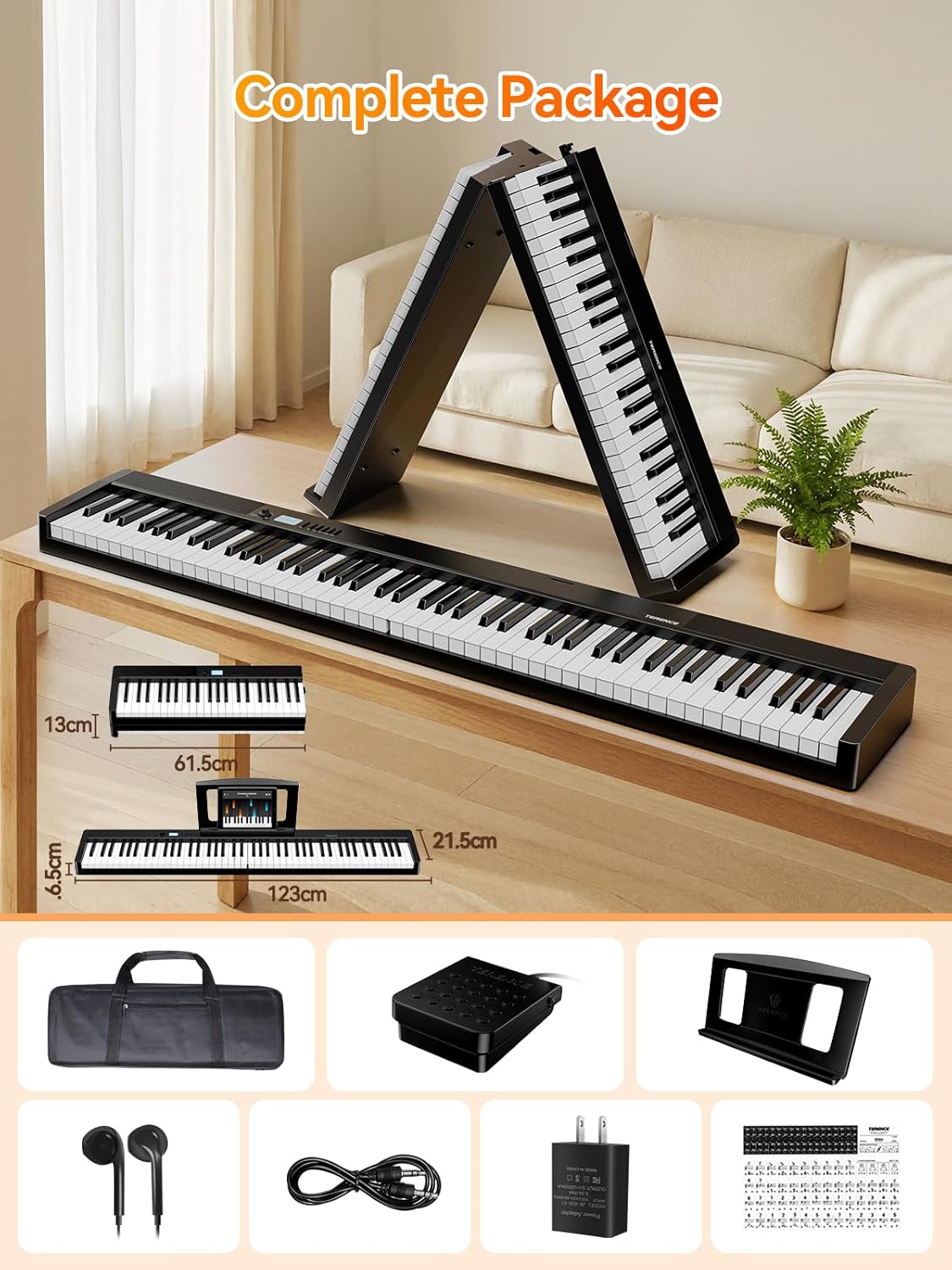 Terence V30 Pro Foldable 88-Key Digital Piano with Fully Weighted Keys