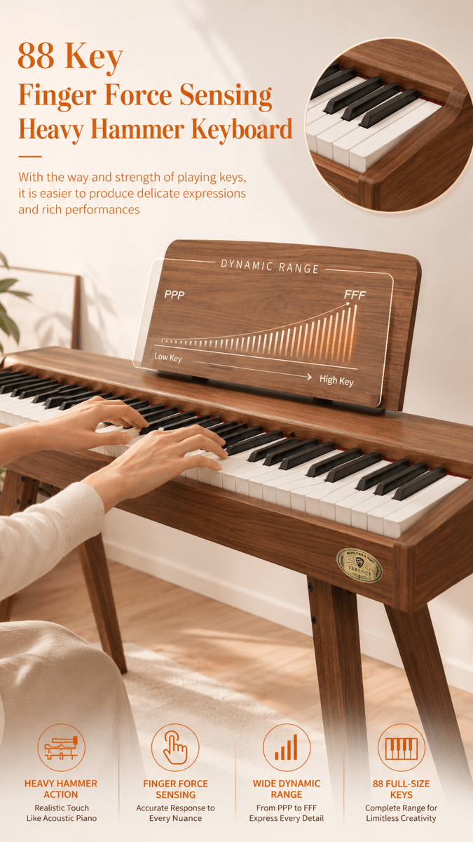 Terence P37 88-Key Weighted Digital Piano with Stand & Triple Pedal - Wood Grain - terenceofficial