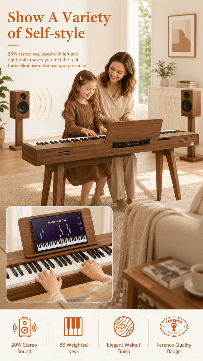 Terence P37 88-Key Weighted Digital Piano with Stand & Triple Pedal - Wood Grain - terenceofficial